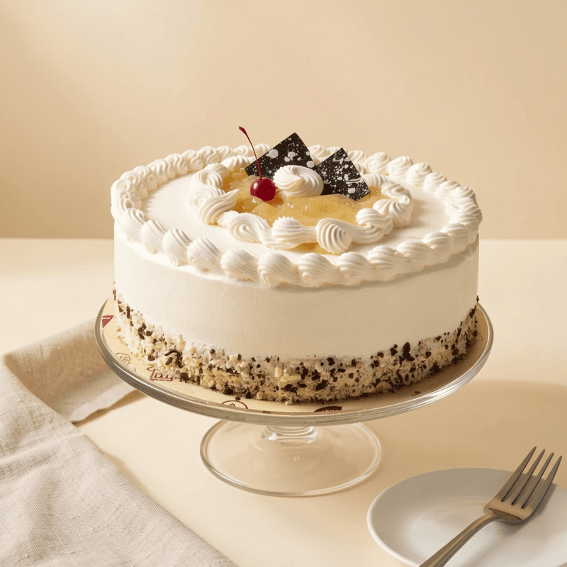 Torta Tres Leches — Queque esponjoso bañado en tres leches y decorado con crema chantilly y cerezas.